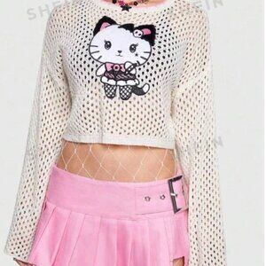 KAWAII Mesh Top with Kitten and Flared Sleeves Size Large NEW NWOT